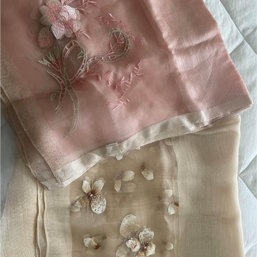 Embroidered Floral Scarves in Pink and Cream